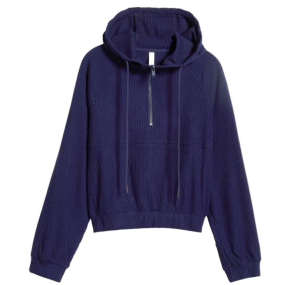 Zella Cozy Half Zip Ribbed Crop Hooded Sweater - Navy Sapphire Size S